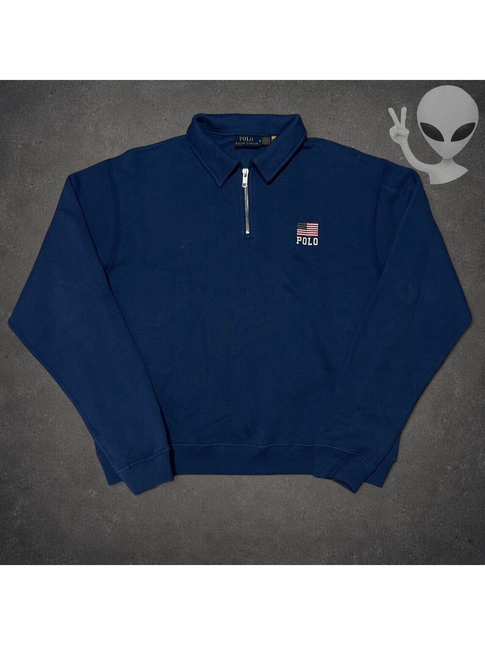 Polo Ralph Lauren USA Flag Quarter-Zip Sweatshirt Mens M Cruise Navy Fleece